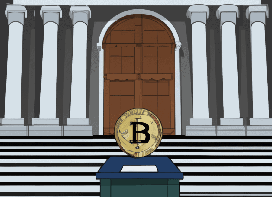 Илюстрация на биткойн в съда