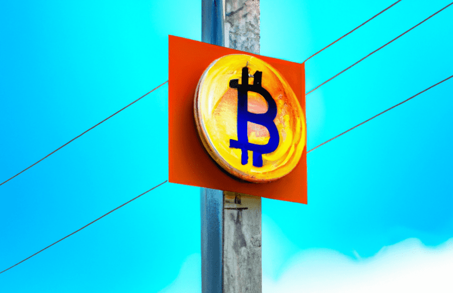лого на биткойн, свързано с електрически стълб